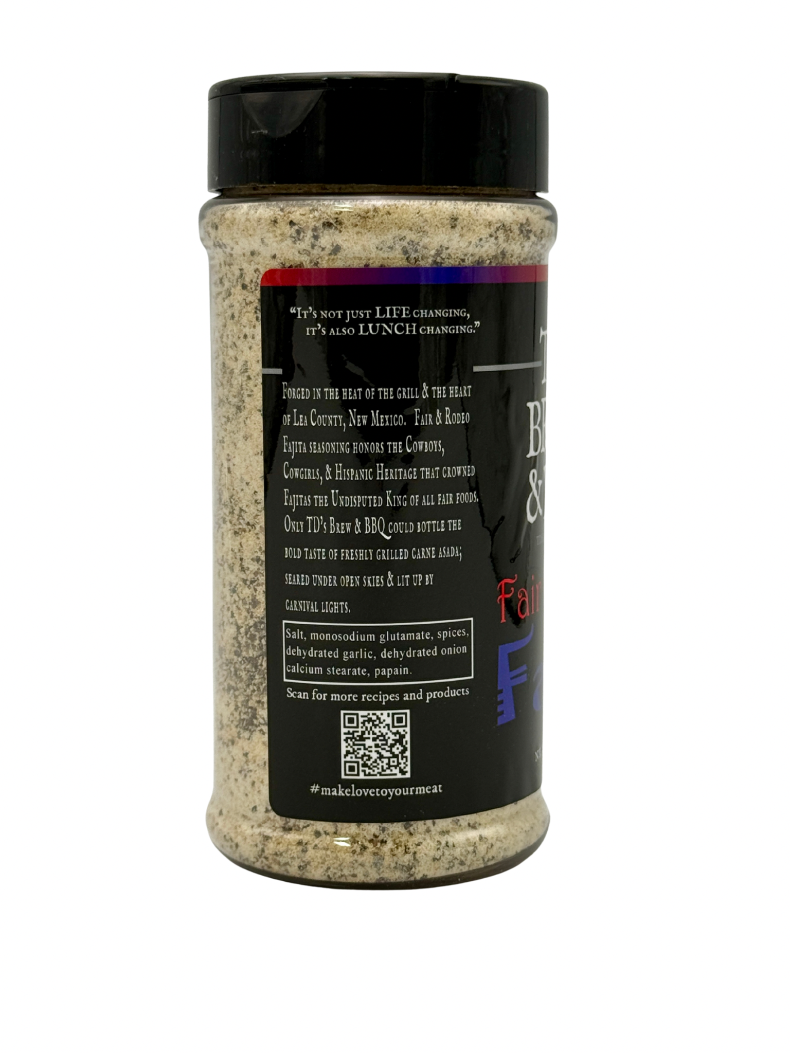 Spice jar with black lid and label on a white background