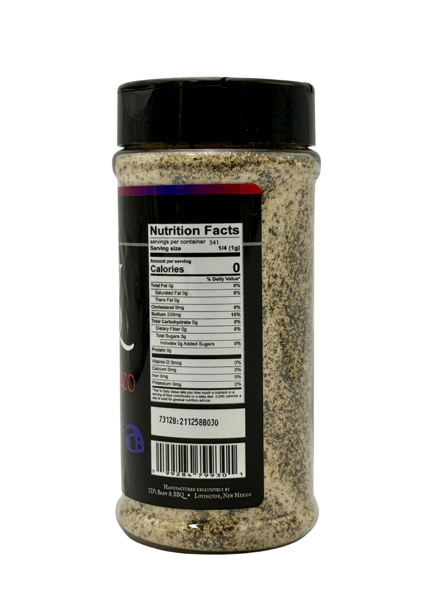 Spice jar with nutrition facts label on a white background
