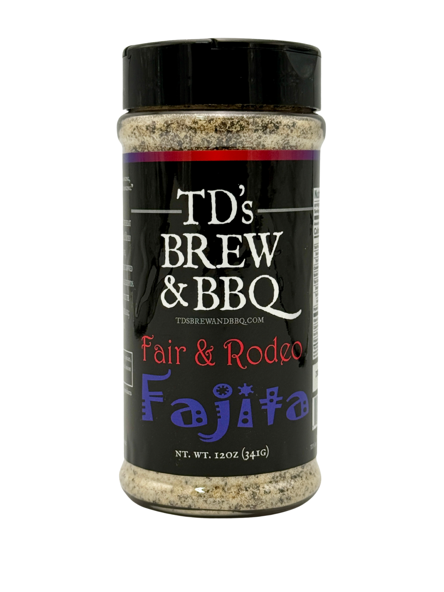 Jar of TD's Brew & BBQ Fair & Rodeo Fajita seasoning on a white background