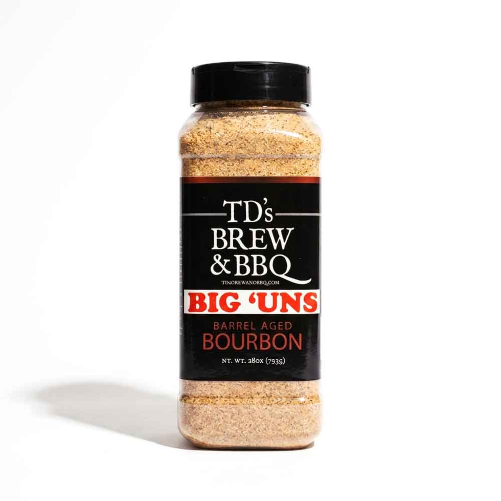 Bottle of TD's Brew & BBQ Big 'Uns Barrel Aged Bourbon spice mix on a white background