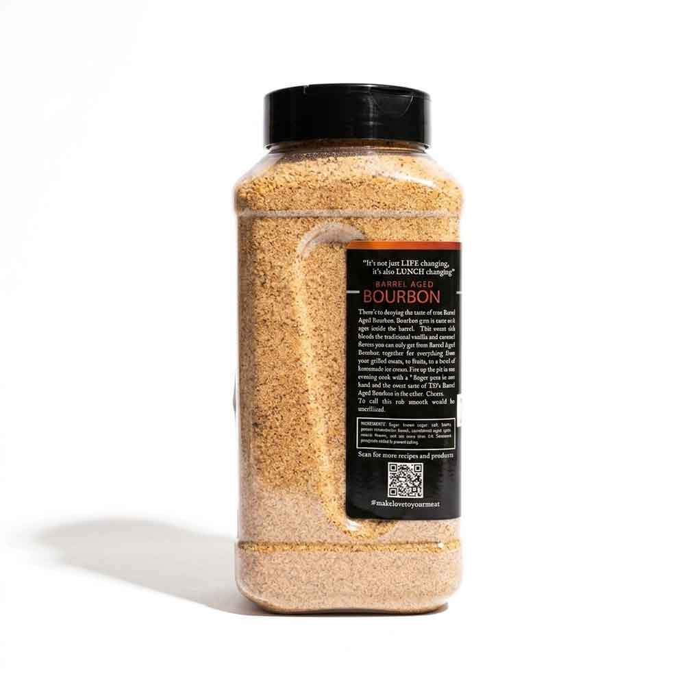 Bottle of bourbon seasoning with a black lid on a white background
