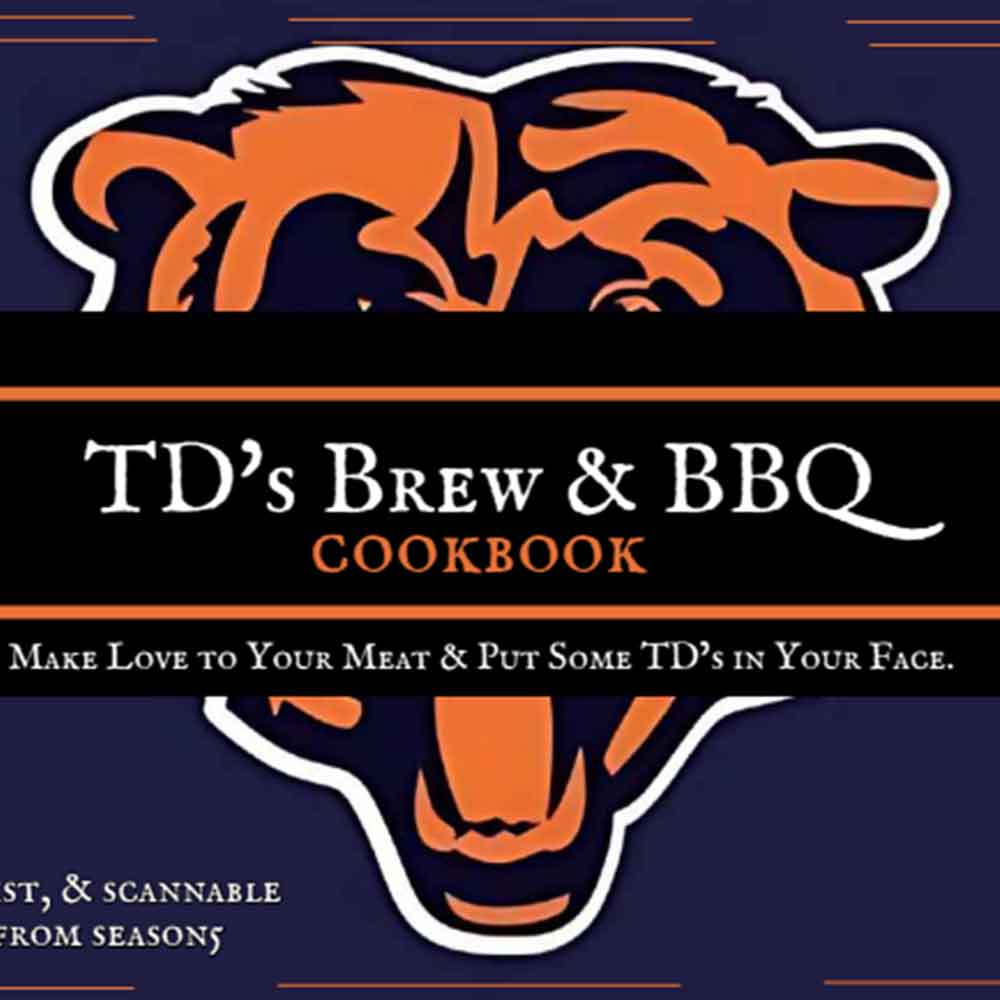 Cookbook cover with bear design and text 'TD's Brew & BBQ Cookbook' on a dark background