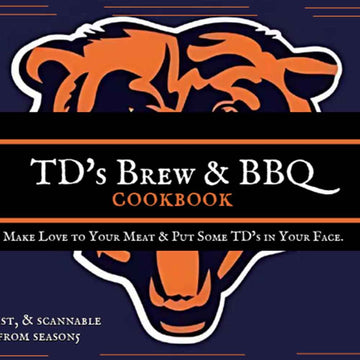 Cookbook cover with bear design and text 'TD's Brew & BBQ Cookbook' on a dark background