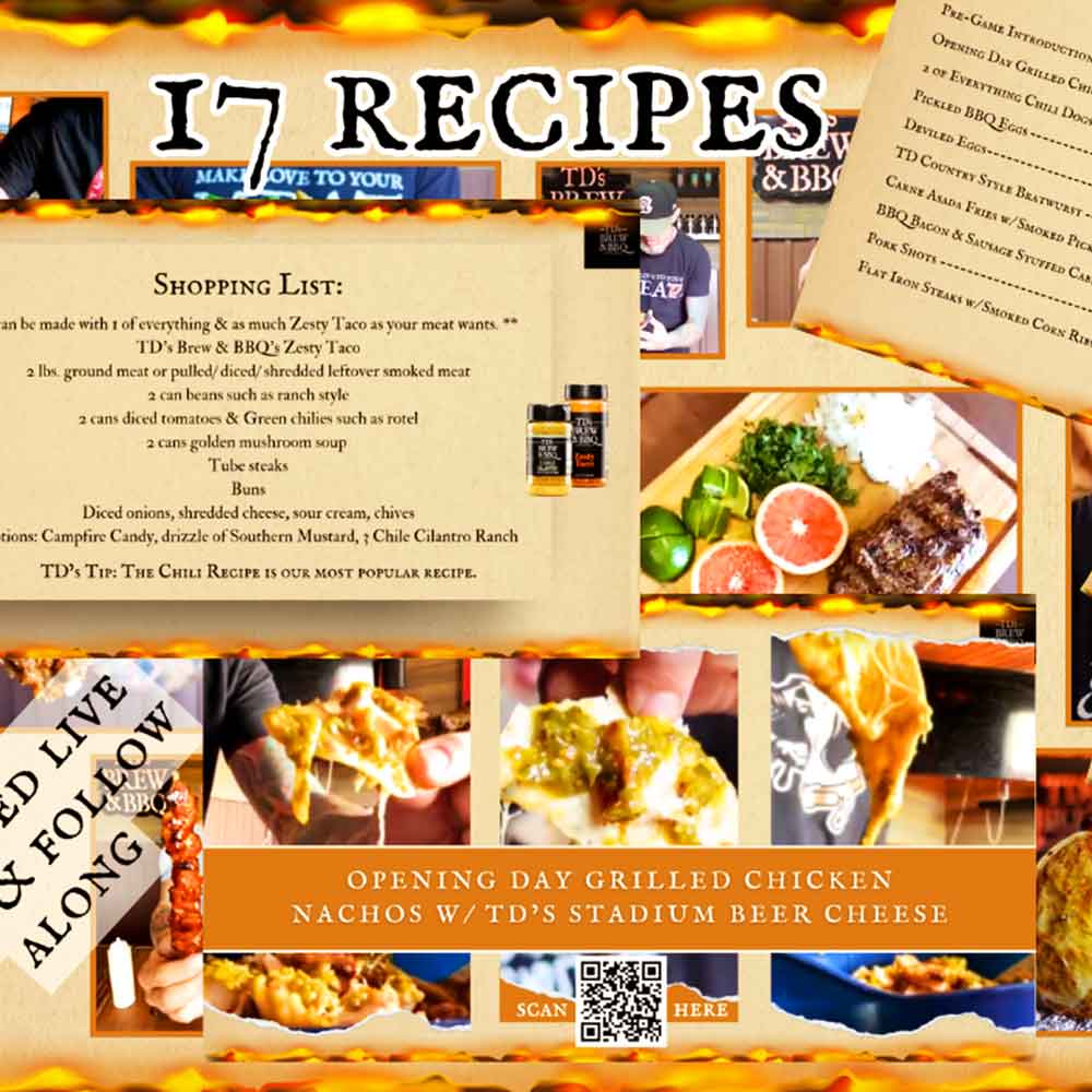 Promotional image for 'The Best of TD's Stadium Chow' digital cookbook with text and branding.