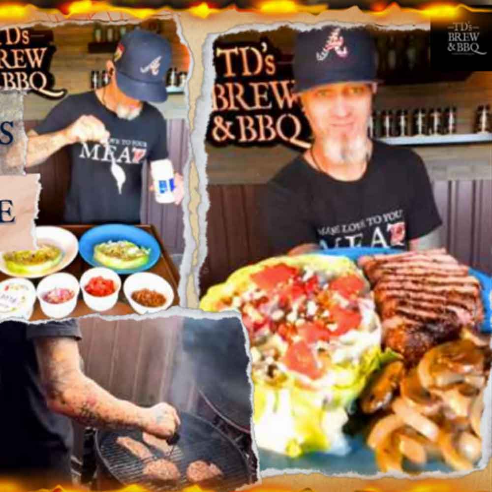 TD's Brew & BBQ with food and drinks, featuring a collage of images.