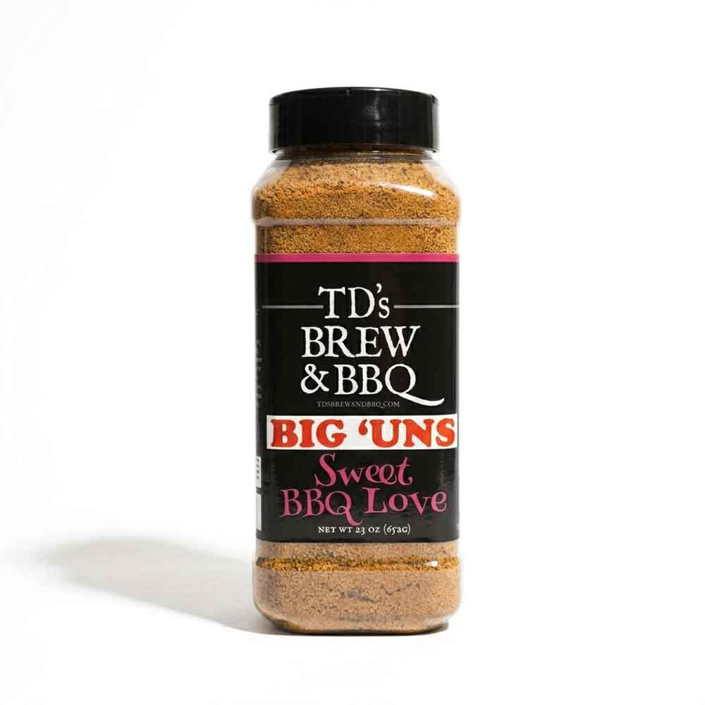A bottle of Sweet BBQ Love rub on a white background