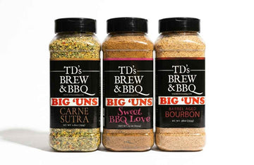 Three bottles of TD's Brew & BBQ seasoning on a white background