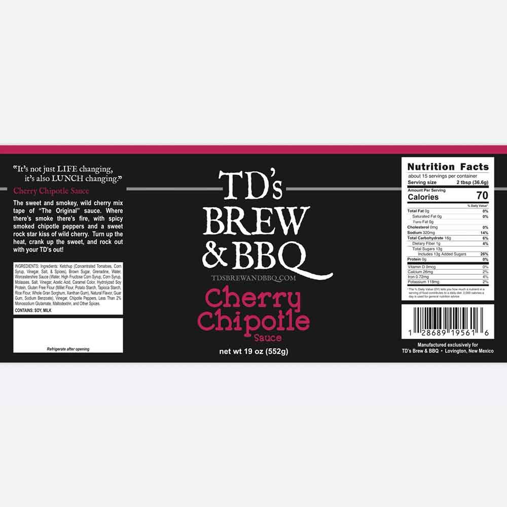 Label for TD's Brew & BBQ Cherry Chipotle sauce with text and nutrition facts.