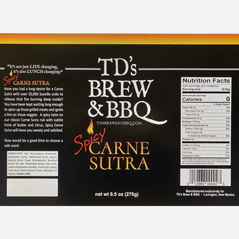 TD's Brew & BBQ Spicy Carne Sutra label with text and nutrition facts.