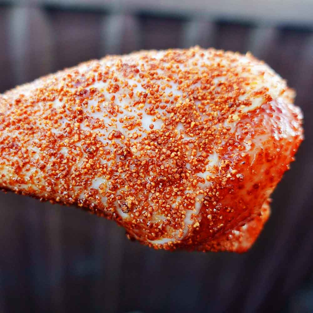 Seasoned piece of chicken with a blurred background