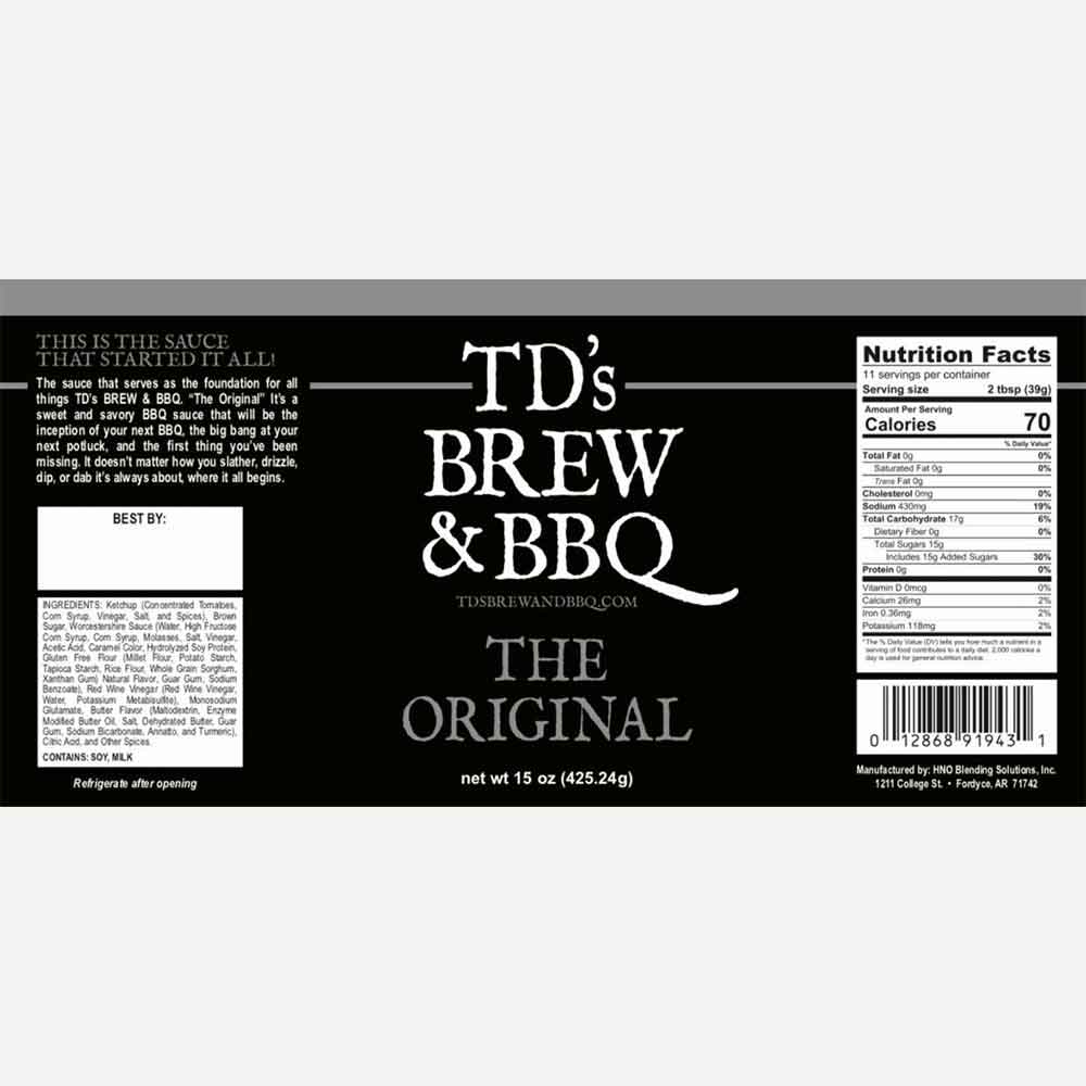 TDs Brew and BBQ The Original bottle label